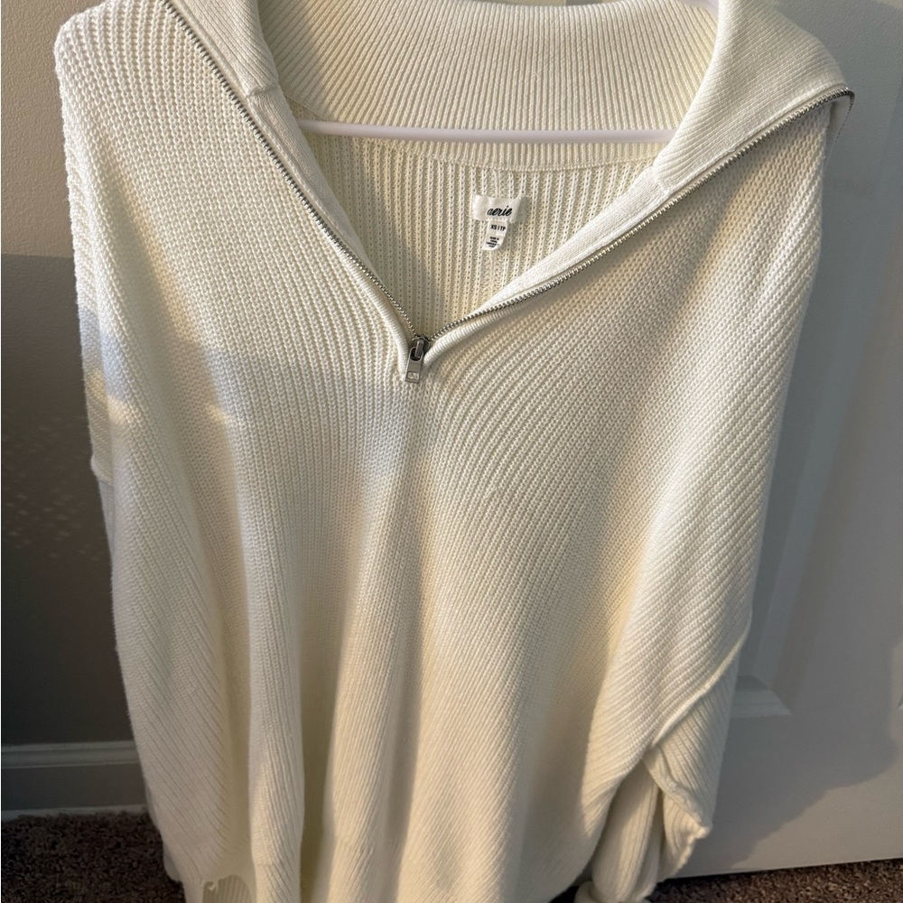 Aerie Cream Half-Zip Cowl Sweater